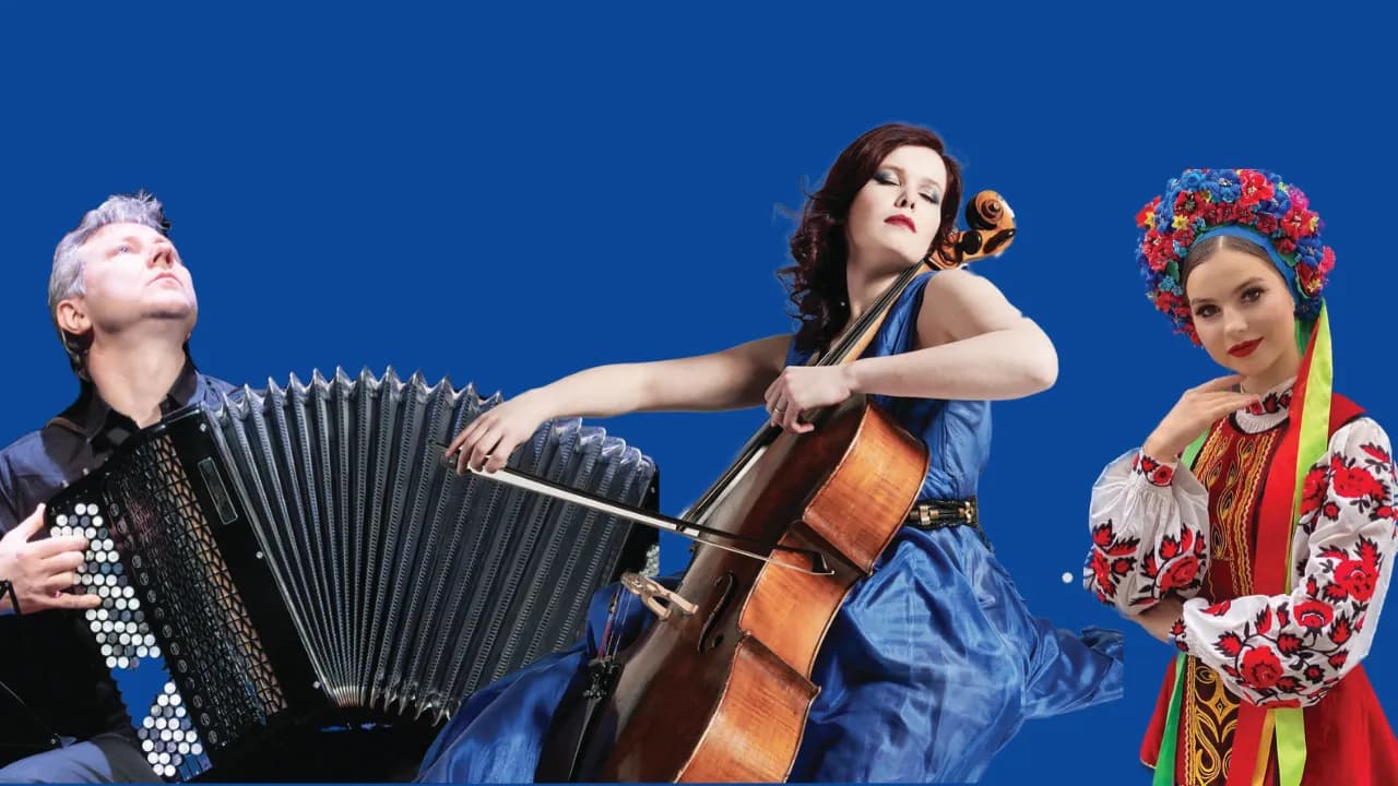 Promotional artwork for Music for Ukraine in Den Helder, featuring Oleg Lysenko, Maya Fridman and Vira Tsvik; via Den Helder Online.
