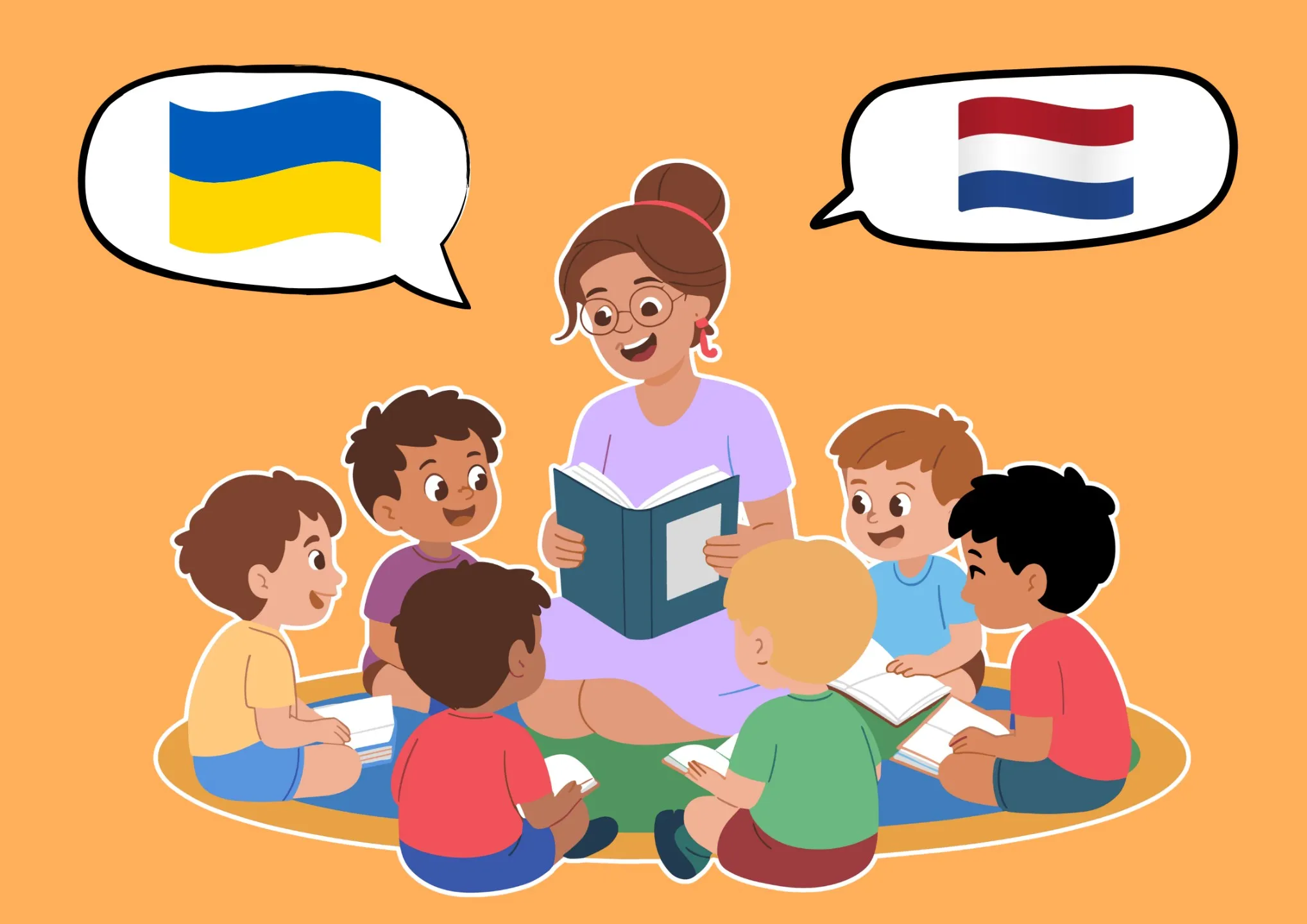 Library event illustration of children listening to a reader, with Ukrainian and Dutch flags.